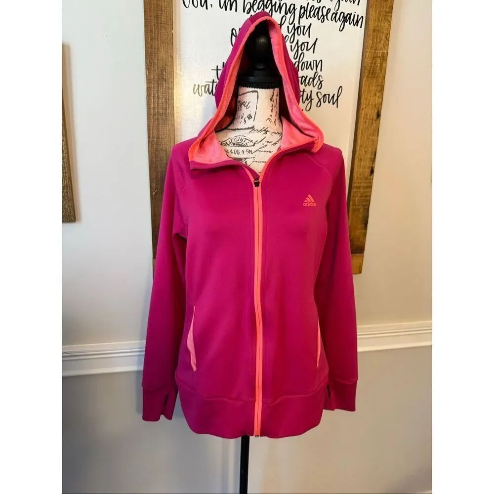 Adidas Women's Full Zip Climawarm Thumbhole Hoodie Sweatshirt Pink Medium
